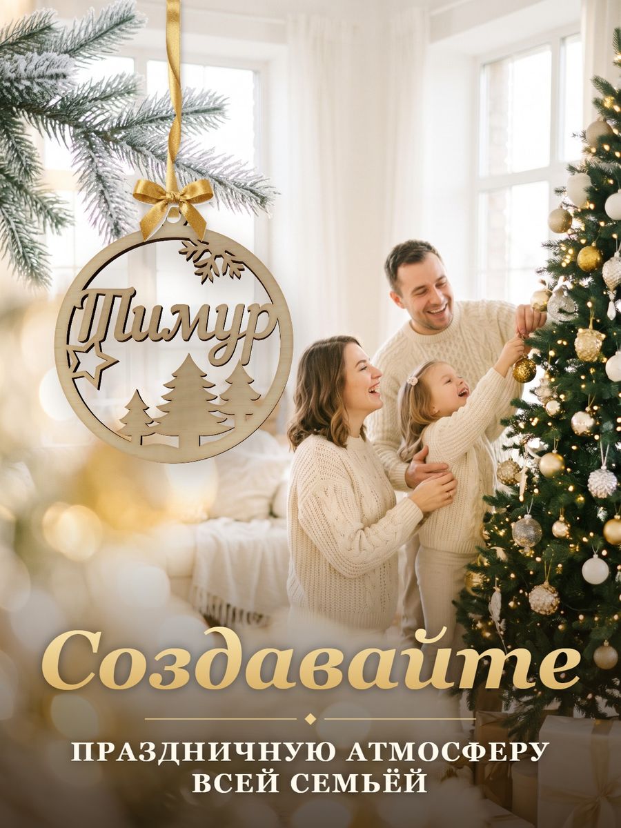 Новогодняя игрушка Тимур, ёлочный шар с именем из дерева, украшение на ёлку — фото 5